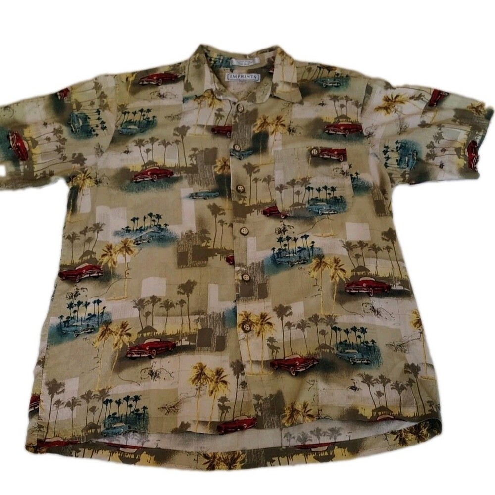 Vintage IMPRINTS Classic Red Cars Men’s Large 90s Rayon Hawaiian Shirt Palms